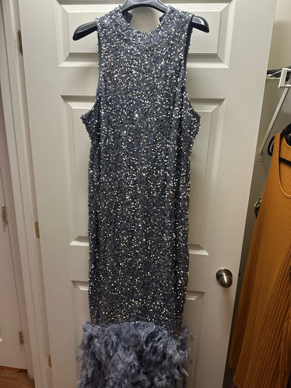 Fashion Nova Gunmetal Sequin Feather Hem Prom Dress